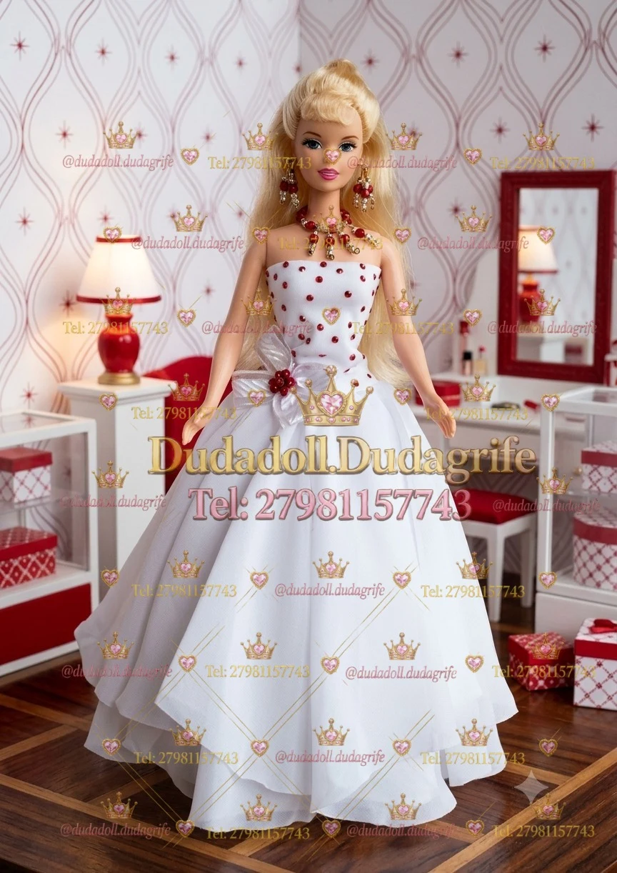 Boneca loira com vestido branco de pedrarias vermelhas em quarto branco e vermelho