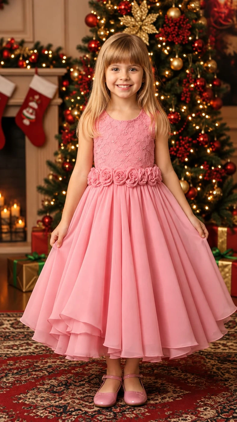 Menina sorridente com vestido rosa de renda e flores na cintura diante de uma árvore de Natal