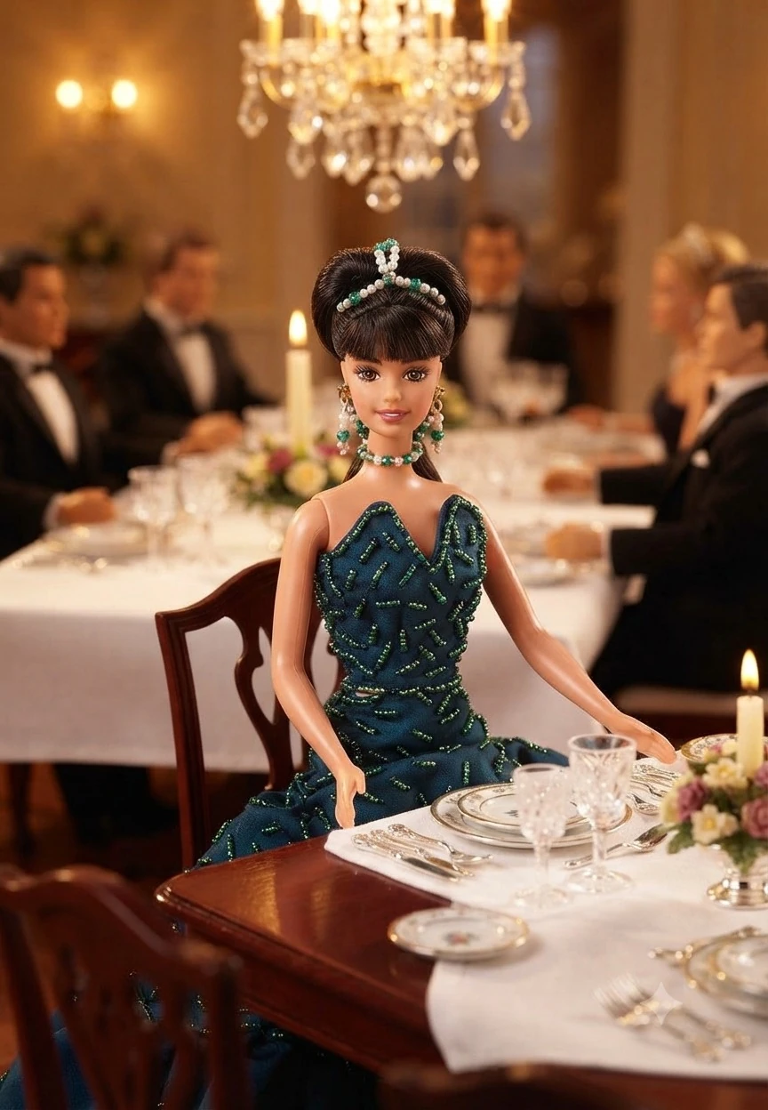 Boneca de coleção com tiara e joias de esmeraldas, vestindo um vestido verde bordado em um banquete com lustres