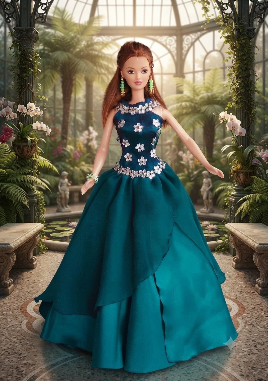 Boneca ruiva com vestido longo azul-petróleo adornado com flores brancas em um jardim de inverno