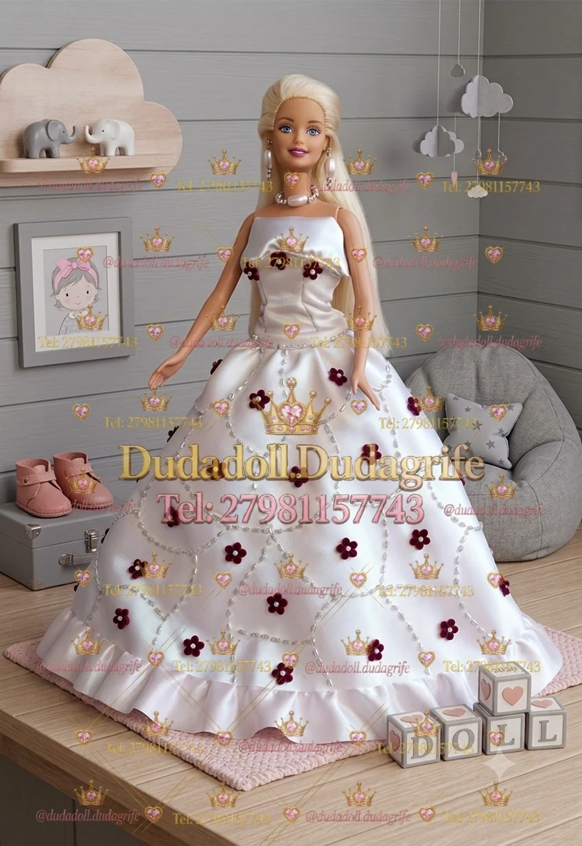 Boneca loira com vestido branco de flores vinho e bordados prateados em quarto infantil