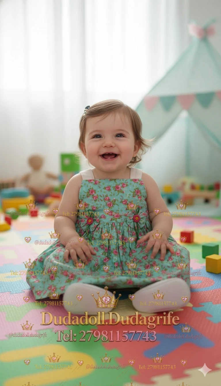 Bebê com vestido verde de estampa floral rosa em quarto infantil
