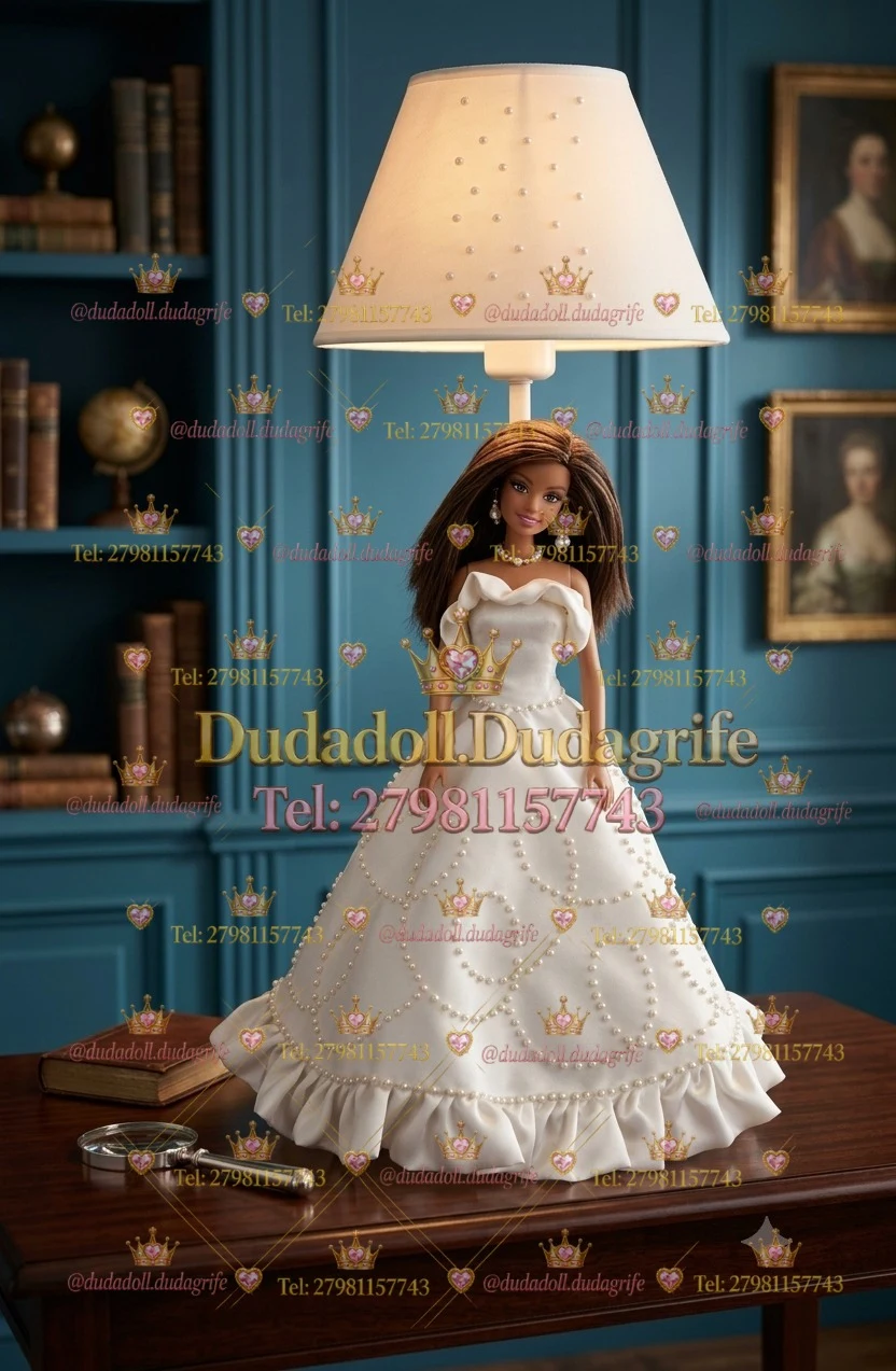 Boneca morena com vestido branco de pérolas e abajur creme em ambiente azul