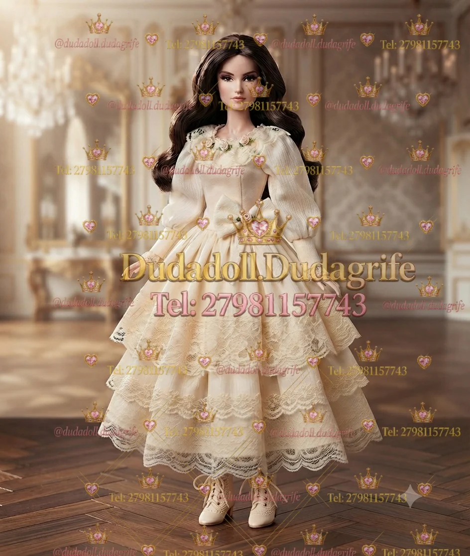 Boneca morena com vestido creme de renda em camadas, flores no decote e botas claras em salão dourado