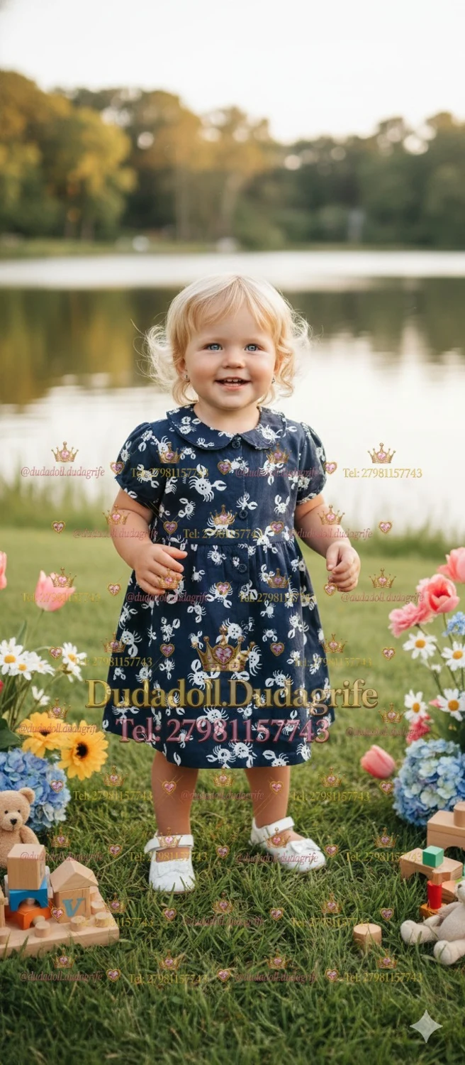 Menina com vestido azul-marinho de estampas brancas em jardim à beira do lago