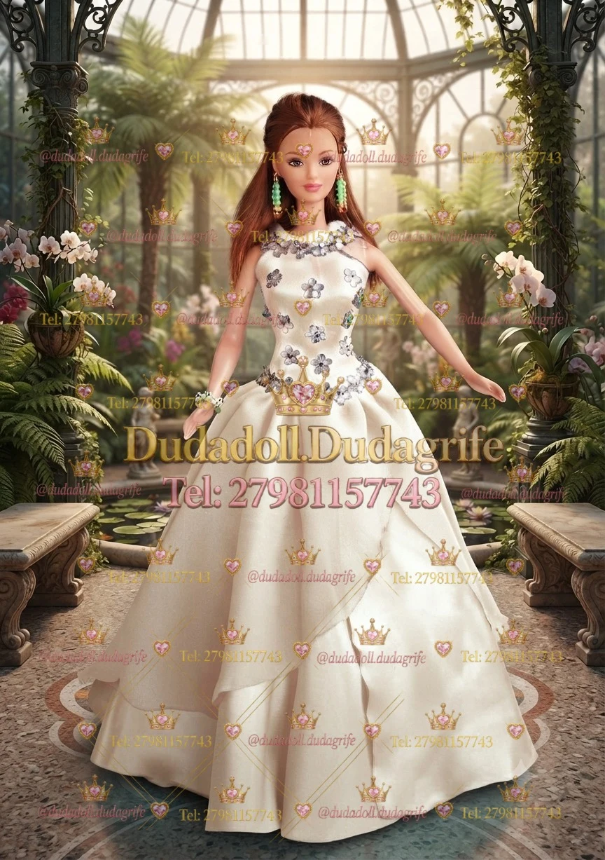 Boneca ruiva com vestido creme de flores bordadas em jardim de inverno